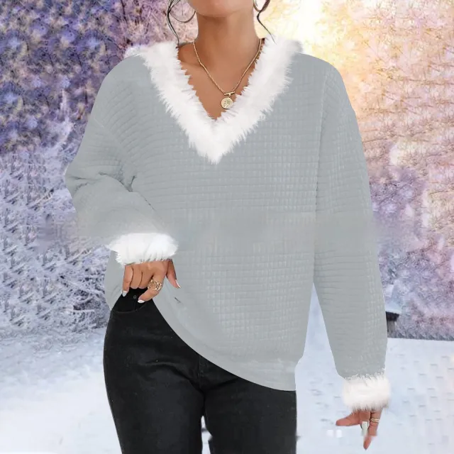 Autumn And Winter New Furry V neck Solid Color Long Sleeve Sweater Top Women Grey - Shop at LoveMi