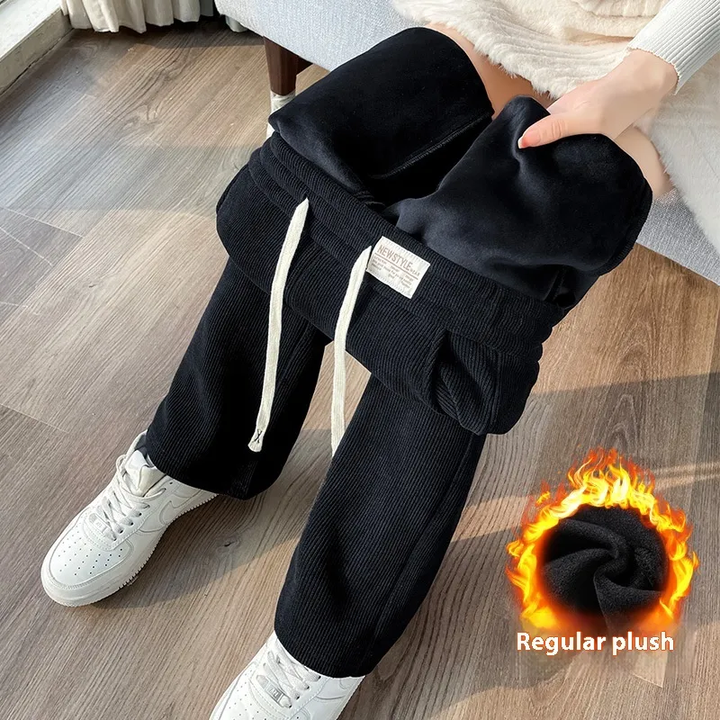 Chenille Fleece-lined Thickening Wide Leg Pants Women's Autumn And Winter - Black Plush Style