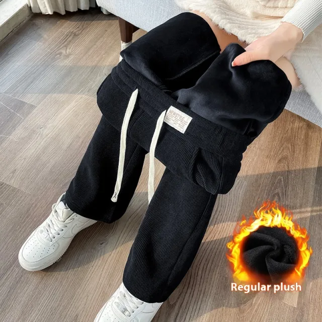 Chenille Fleece lined Thickening Wide Leg Pants Women's Autumn And Winter Black Plush Style - Shop at LoveMi