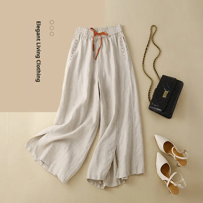 Elastic Waist Versatile Loose Artistic Cotton Linen Wide Leg Pants - Hemp Color-Xl