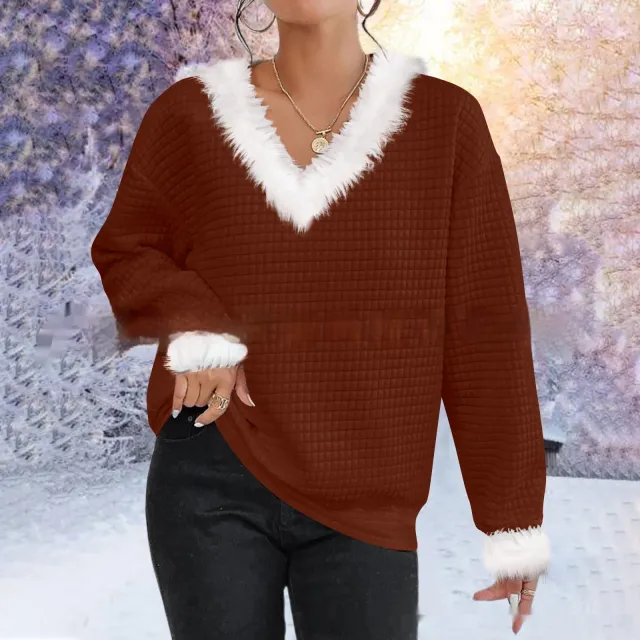 Autumn And Winter New Furry V neck Solid Color Long Sleeve Sweater Top Women Wine - Shop at LoveMi