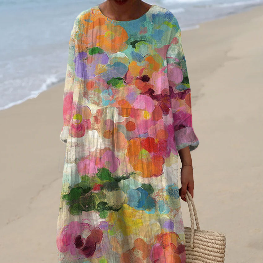 Digital Printing Large Width V-neck Long-sleeve Dress