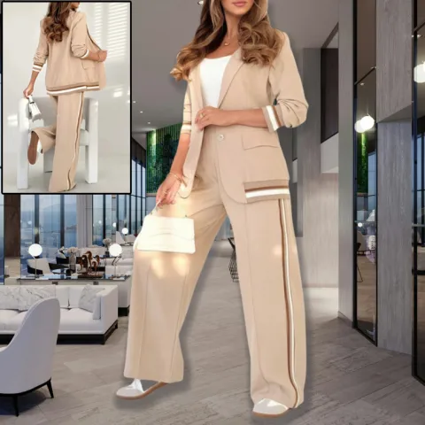 2 Pcs Set Women Suit Coat Pants Lapel Long