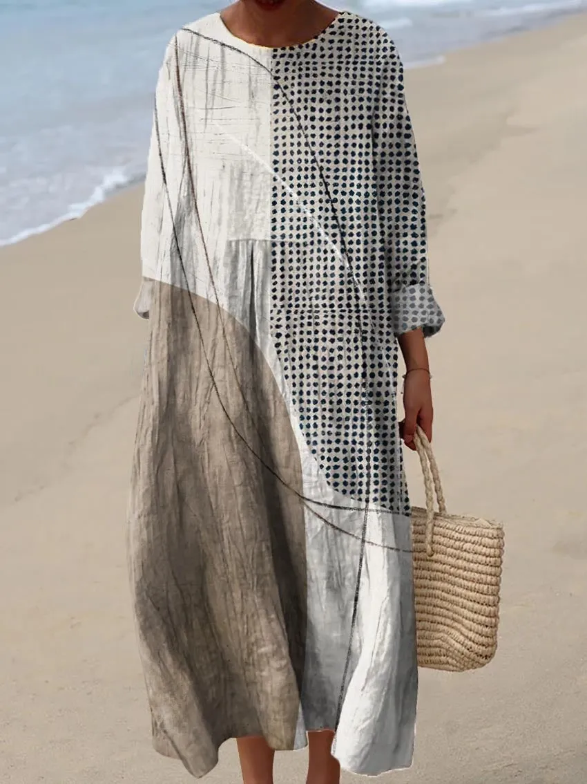 Digital Printing Large Width V-neck Long-sleeve Dress - Style 5-5Xl