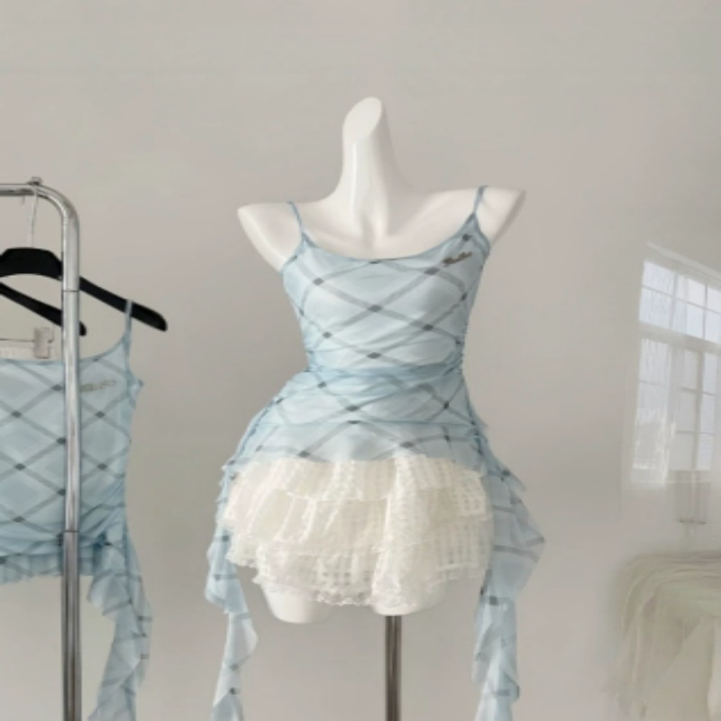 Blue Suit Mesh Stretch Slim Strap Top Lace Cake Dress