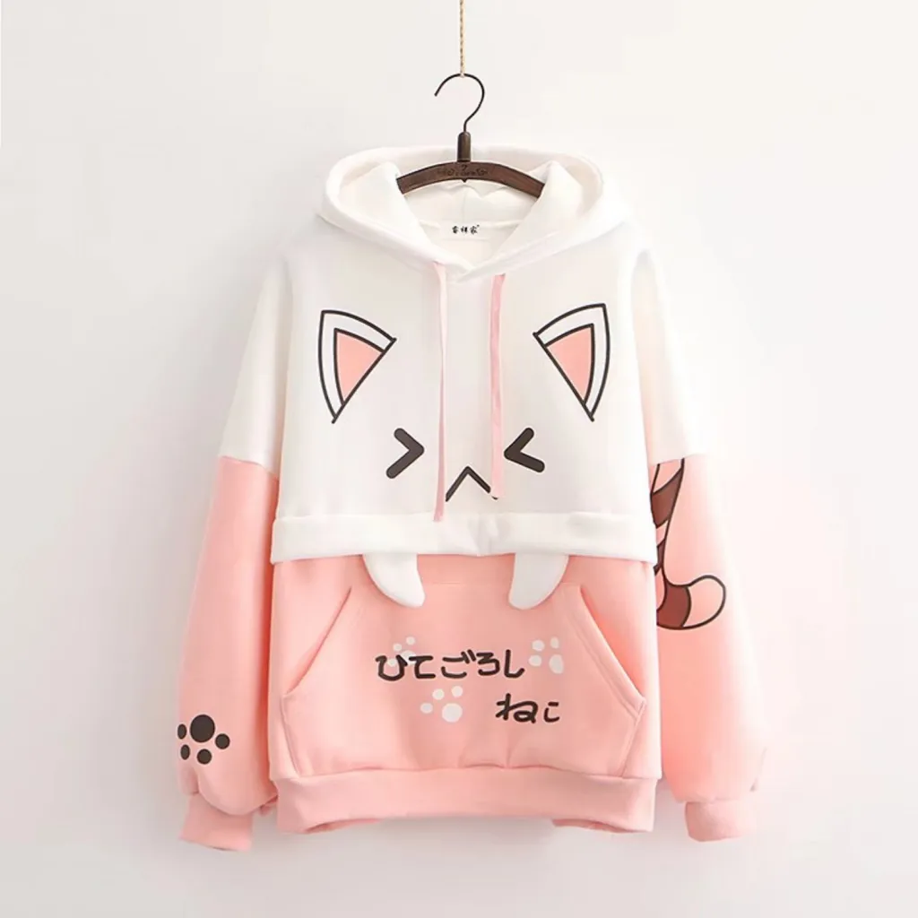 Forest Women's Autumn And Winter Clothing With Fleece Hoodie For Women - Pink Big Faced Cat With Velvet