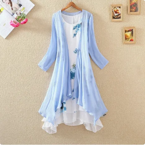 Long Sleeves Outer Match Shawl Mid length Cotton And Linen Printed Irregular Dress Blue - Shop at LoveMi