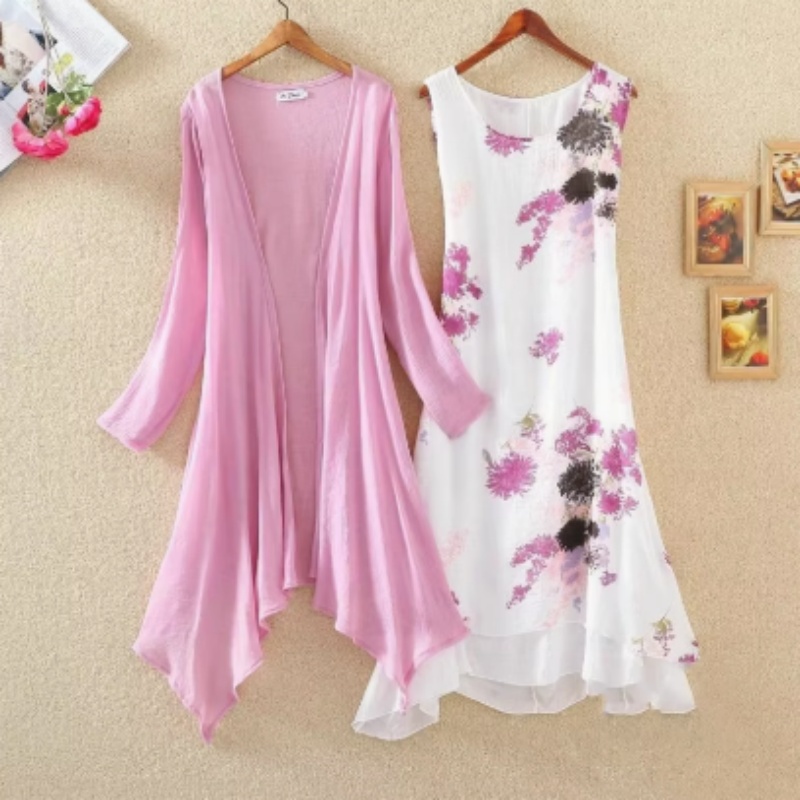 Long Sleeves Outer Match Shawl Mid-length Cotton And Linen Printed Irregular Dress