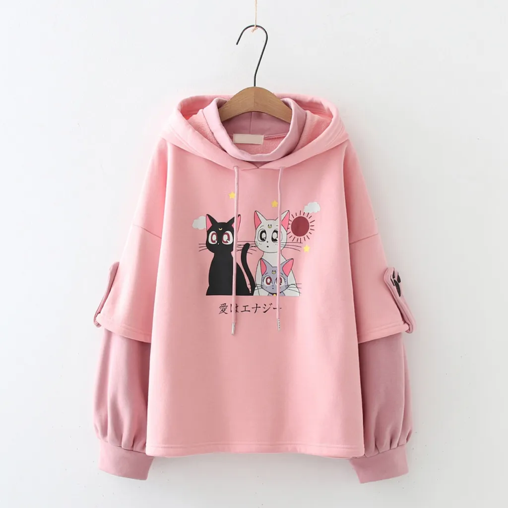 Forest Women's Autumn And Winter Clothing With Fleece Hoodie For Women - Pink Anime Cat Plush