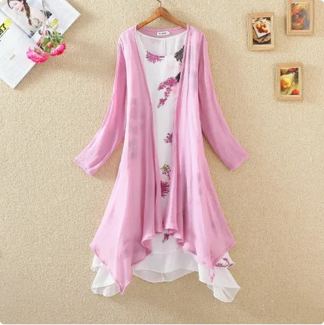 Long Sleeves Outer Match Shawl Mid length Cotton And Linen Printed Irregular Dress Pink - Shop at LoveMi