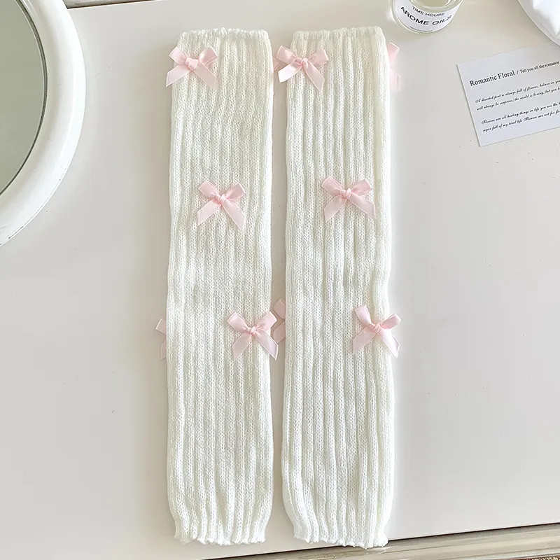 Women's Japanese Sweet Cute Bow Bunching Socks - White Pink