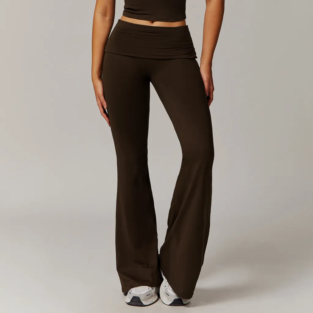 Wool Pleated Yoga Fold High Waist Running Sports Skinny Versatile Bell-bottom Pants - Coffee