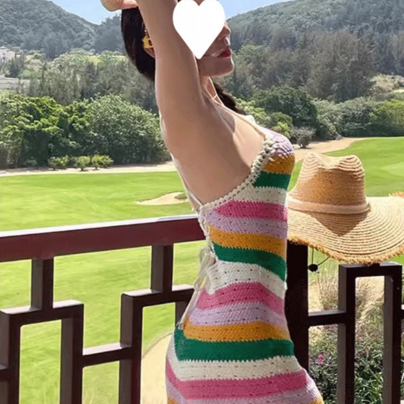 Colorful Striped Off-the-shoulder Hollow-out Halter Knitted Dress