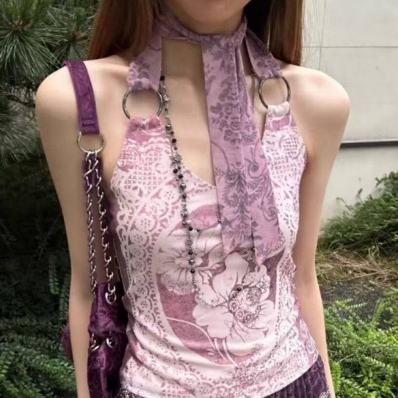 Retro Romantic Pattern Halterneck With Suspenders Vest