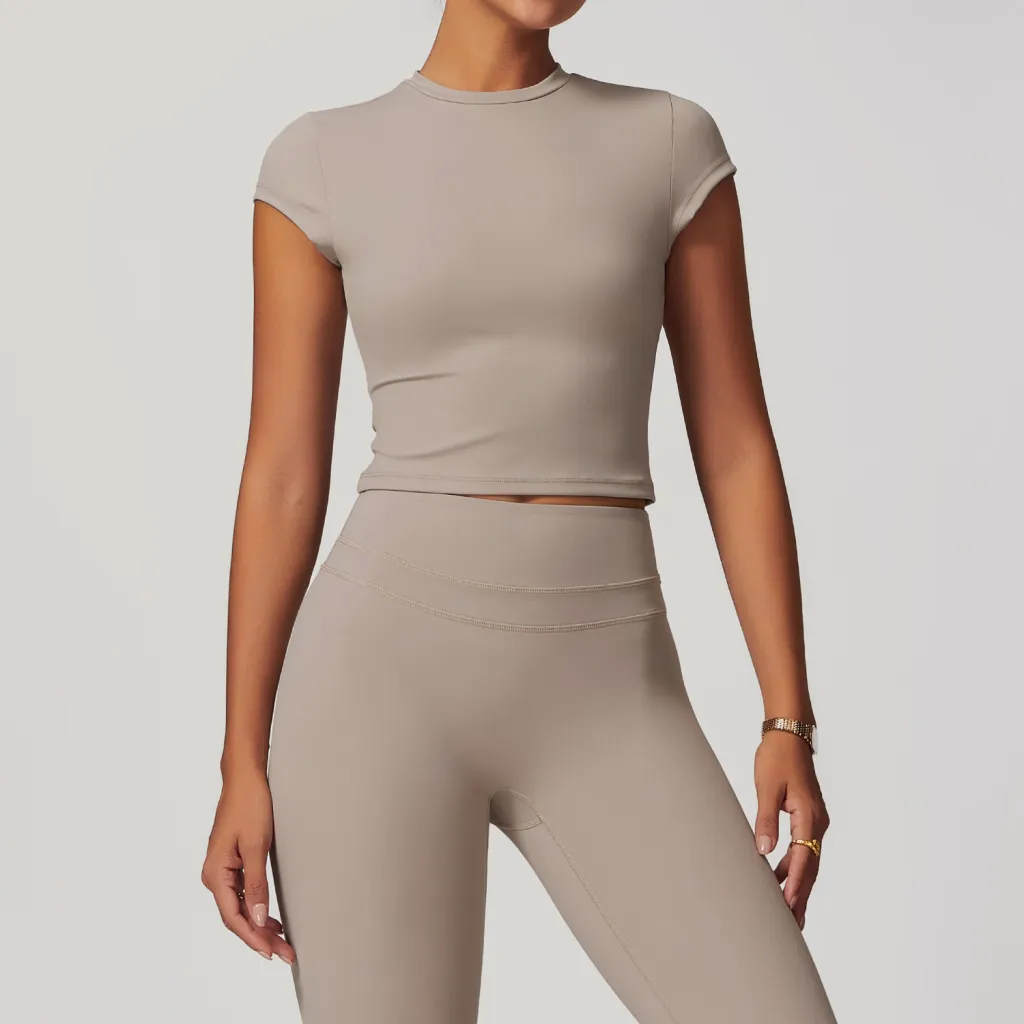 European And American Exercise Yoga Clothes Women's Brushed Tight Back Yoga Short Sleeve - Linen-M