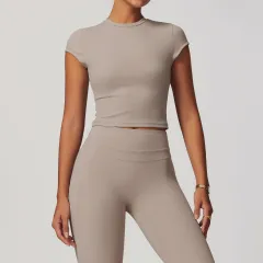European And American Exercise Yoga Clothes Women's Brushed Tight Back Yoga Short Sleeve - Linen-L - View 1