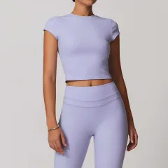 European And American Exercise Yoga Clothes Women's Brushed Tight Back Yoga Short Sleeve - Romantic Purple - View 1