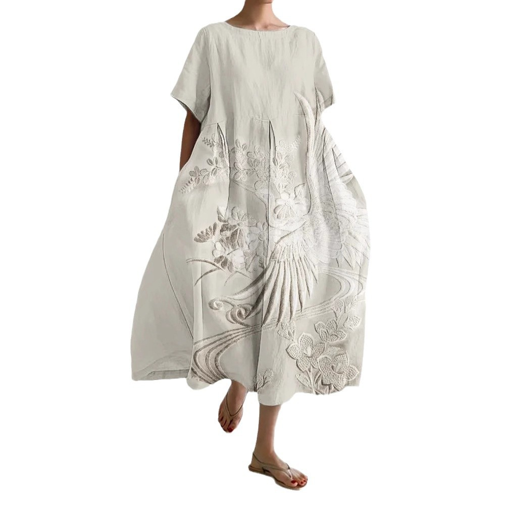 Casual Digital Printing Pattern Round Neck Pullover Short Sleeve Loose Dress