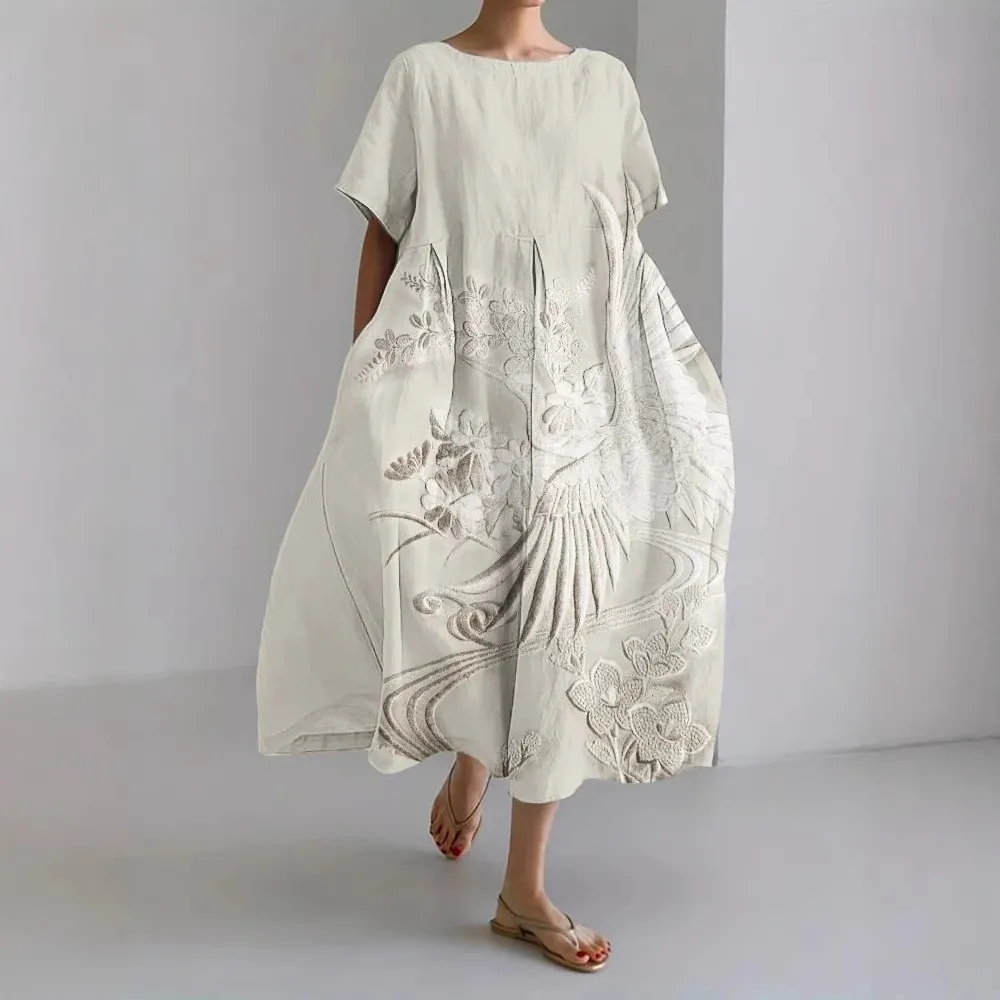 Casual Digital Printing Pattern Round Neck Pullover Short Sleeve Loose Dress - White