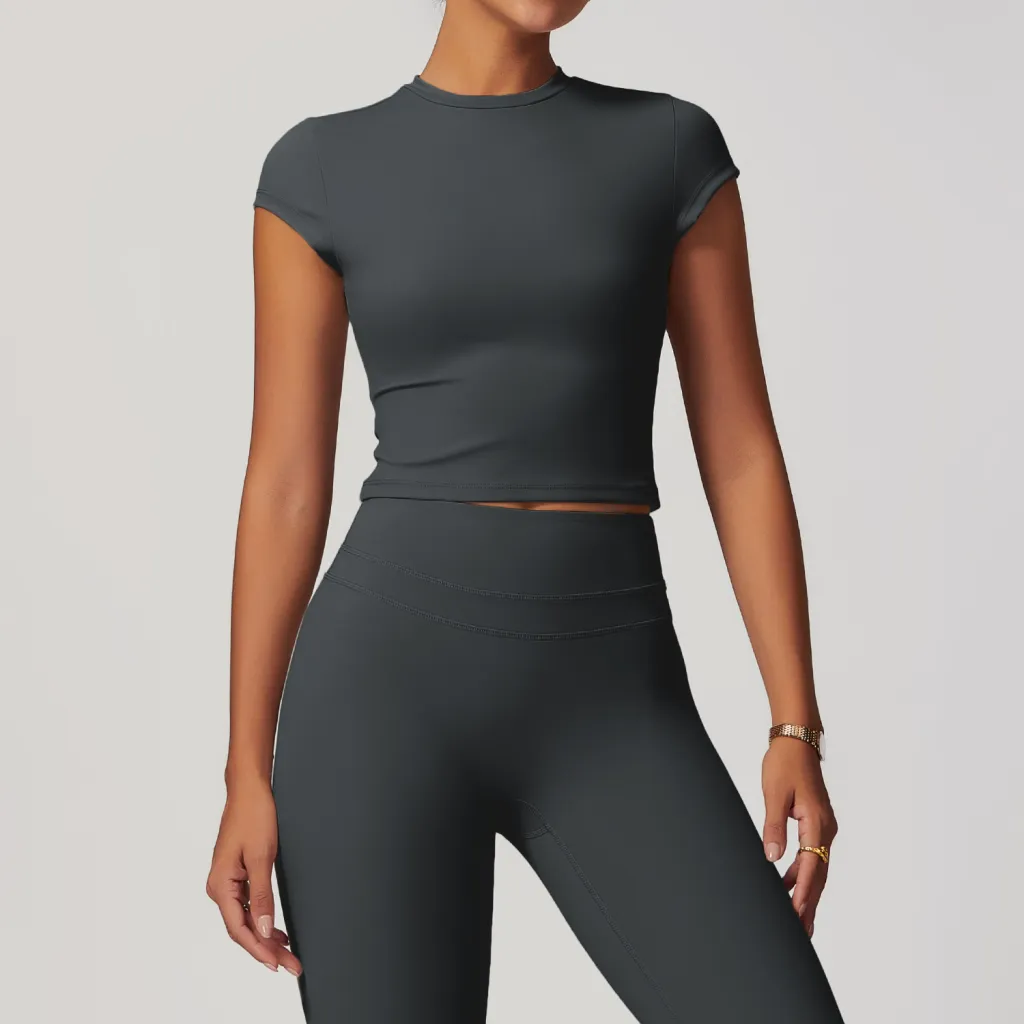 European And American Exercise Yoga Clothes Women's Brushed Tight Back Yoga Short Sleeve - Slate Gray