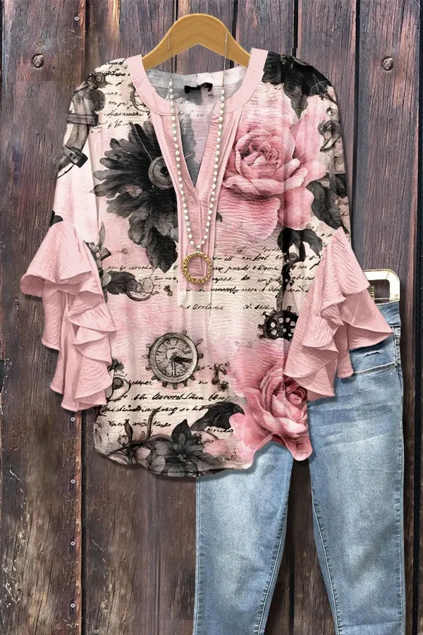 Women's Creative Printing Casual V neck Lotus Sleeve T shirt Style 1 L - Shop at LoveMi
