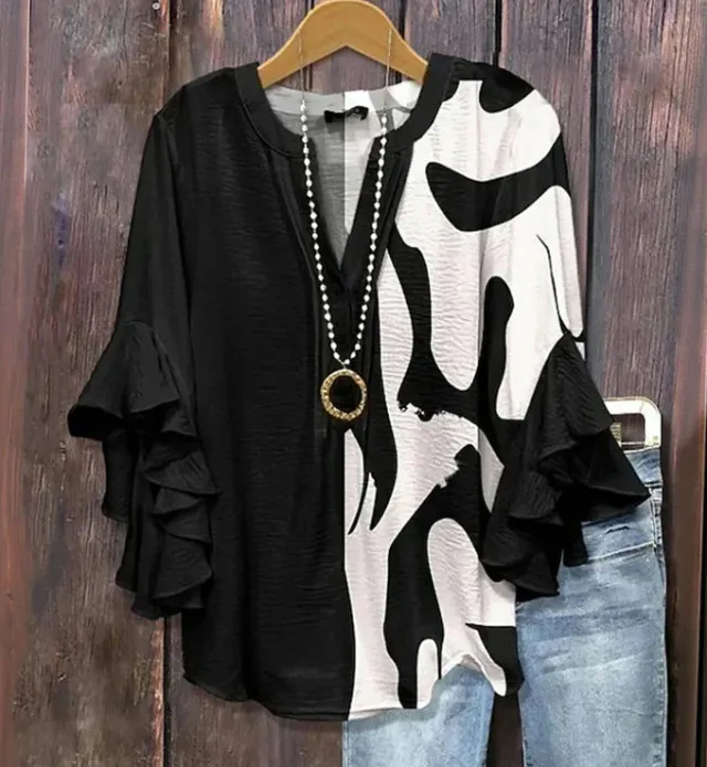 Women's Creative Printing Casual V neck Lotus Sleeve T shirt Style 2 Xl - Shop at LoveMi