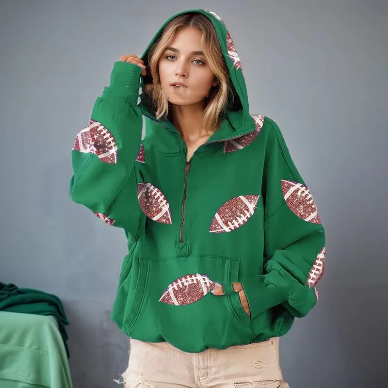 Hooded Long Sleeve Kangaroo Pocket Women's Sweater - Green