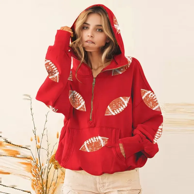 Hooded Long Sleeve Kangaroo Pocket Women's Sweater - Red