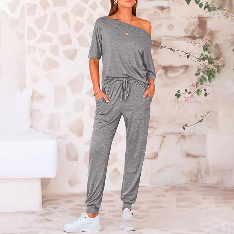 Oblique Shoulder Five point Pants Solid Color Trousers Suit Gray - Shop at LoveMi