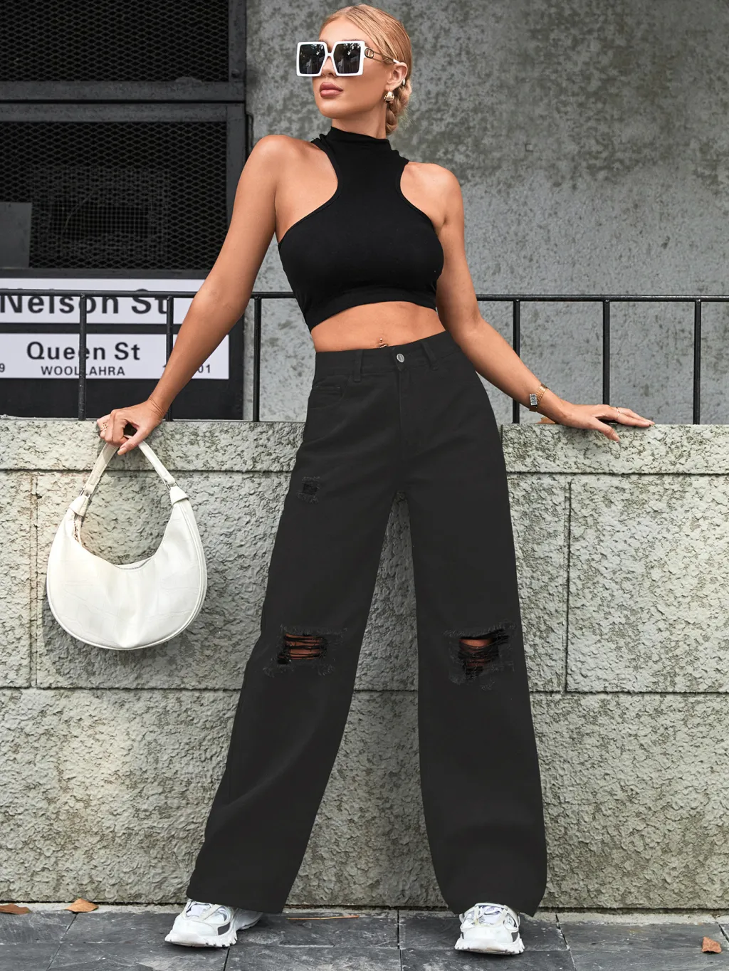 Fashionable Ripped High Waist Wide Leg Casual Jeans - Dark Gray 2