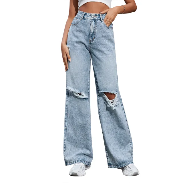 Fashionable Ripped High Waist Wide Leg Casual Jeans Blue - Shop at LoveMi