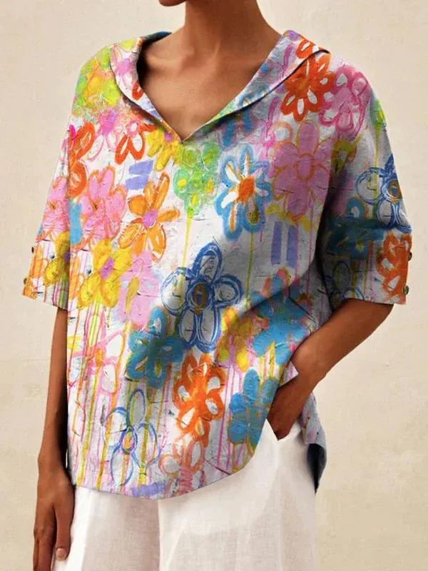 Women's Solid Color Cotton And Linen Loose Shirt - Style1-Xxl