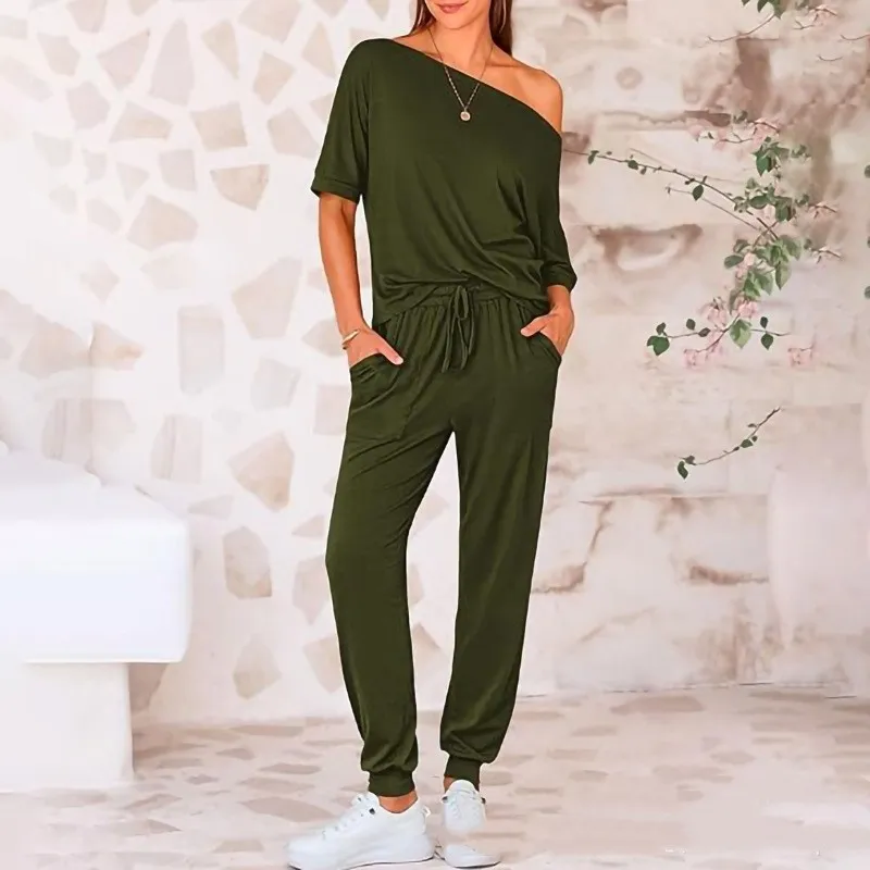 Oblique Shoulder Five-point Pants Solid Color Trousers Suit - Army Green
