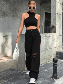 Fashionable Ripped High Waist Wide Leg Casual Jeans - Black - View 1