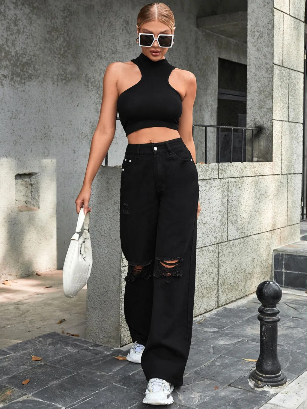 Fashionable Ripped High Waist Wide Leg Casual Jeans - Black