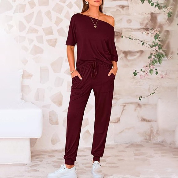 Oblique Shoulder Five point Pants Solid Color Trousers Suit Dark Red - Shop at LoveMi