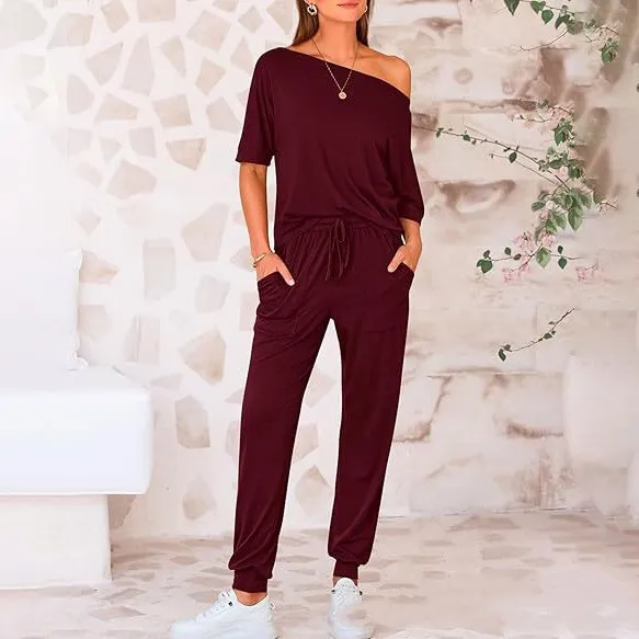 Oblique Shoulder Five point Pants Solid Color Trousers Suit Dark Red - Shop at LoveMi