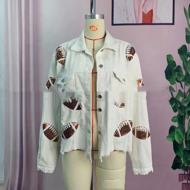 Sequined Embroidered Corduroy Rugby Wear Top White - Shop at LoveMi