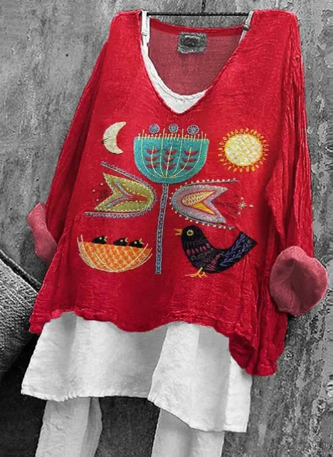 Women's Bird Family Pattern Print Cotton & Linen Shirt Red - Shop at LoveMi
