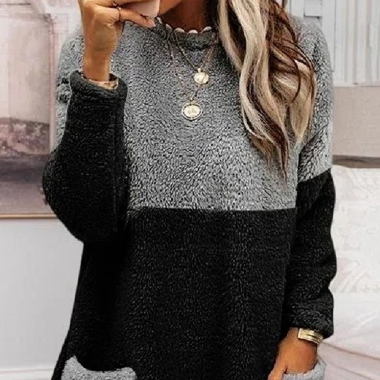 Round Neck Patchwork Pocket Long Sleeve Double-sided Velvet Sweatshirt