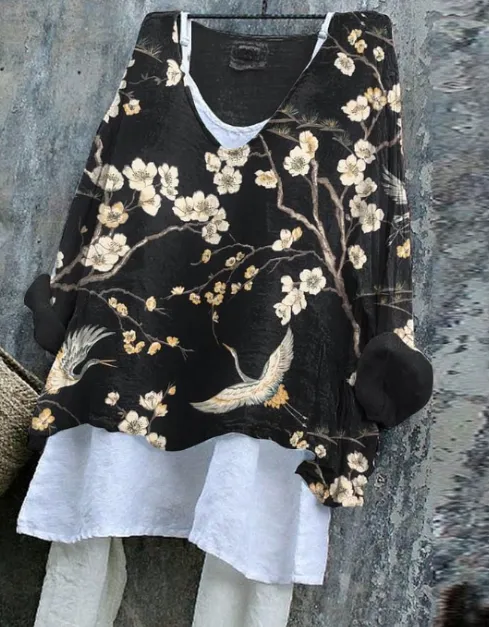Women's Vintage Japanese Art Crane Floral Print Top Floral - Shop at LoveMi