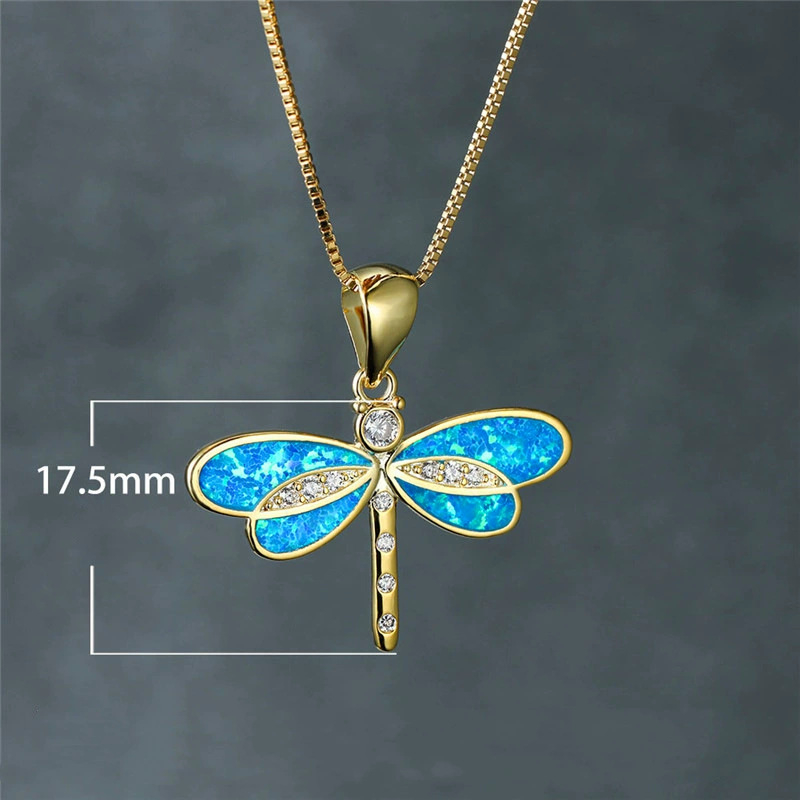 Gold Blue Dragonfly Necklace