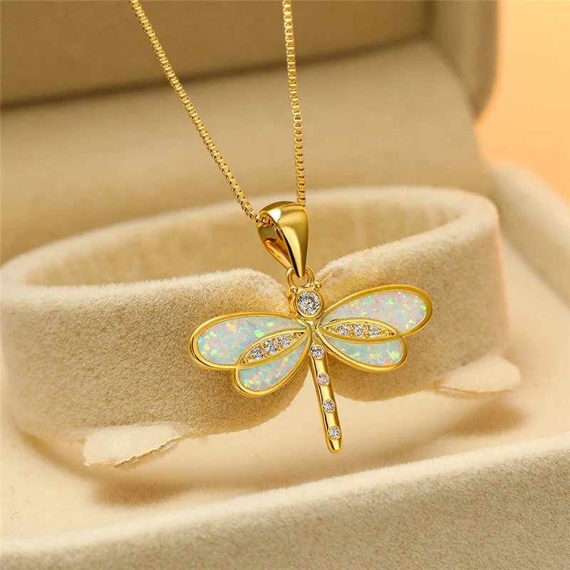 Gold White Dragonfly Necklace