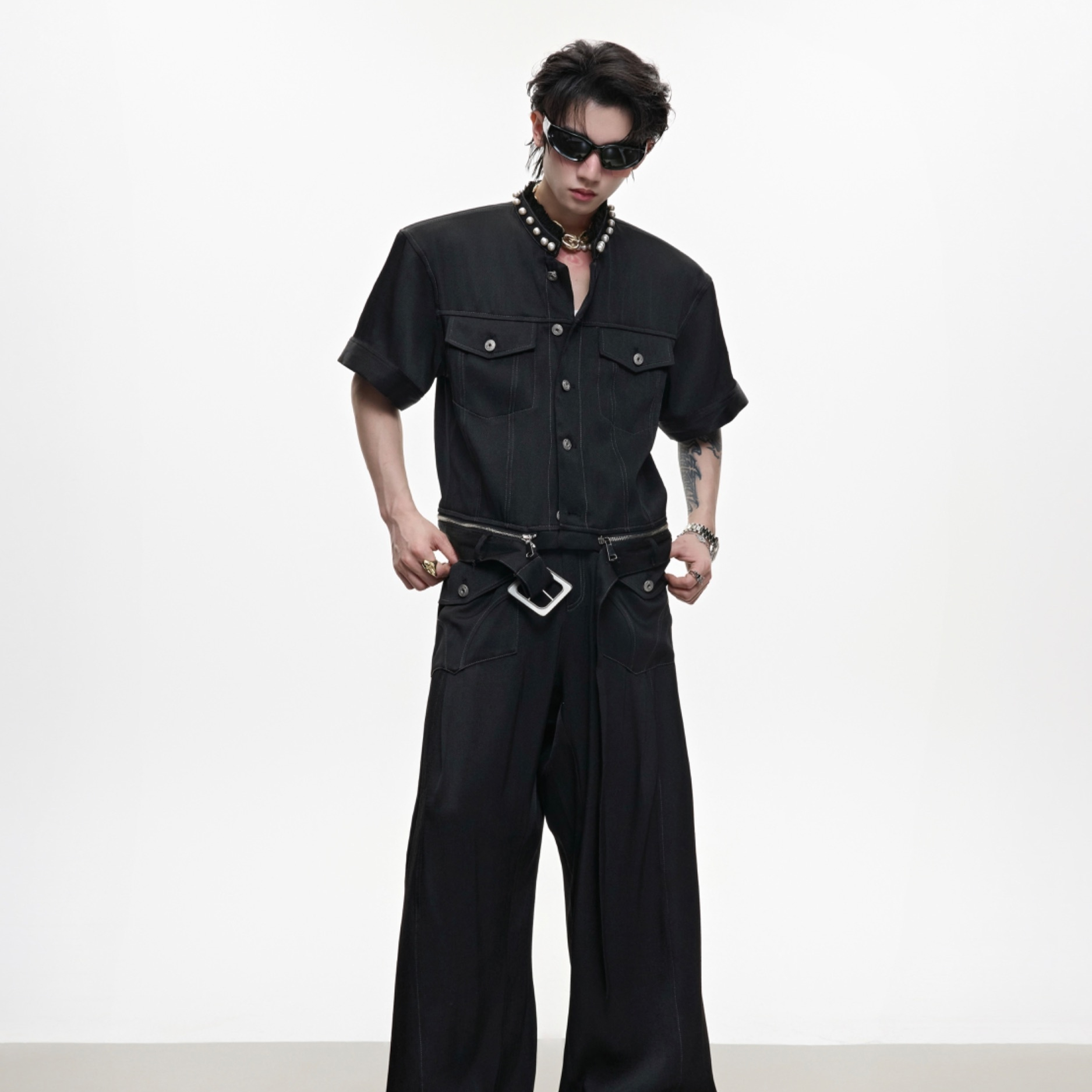 Pearl Edging Short Sleeve Denim Suit