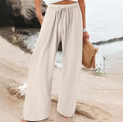 Women'S Cotton & Linen Solid Color Wide Leg Casual Pants With Pockets Beige - Shop at LoveMi