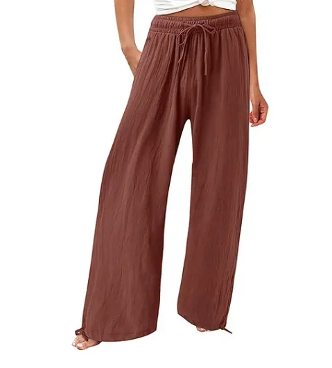 Women'S Cotton & Linen Solid Color Wide Leg Casual Pants With Pockets Dark Brown - Shop at LoveMi