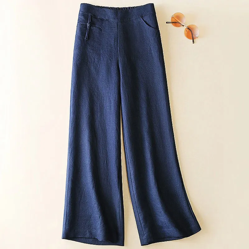 New Half Elastic High Belt Buckle Slimming Casual Cotton Linen Wide Leg Pants - Navy