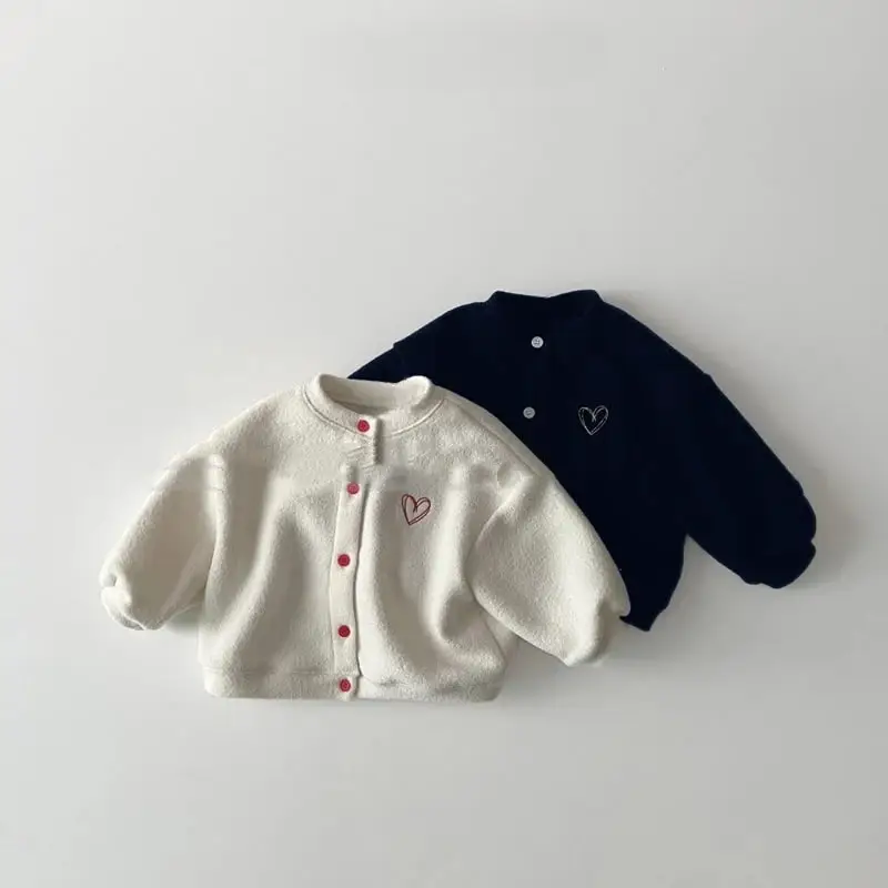 Contrast Color Button Love Embroidered Design Fleece Jacket