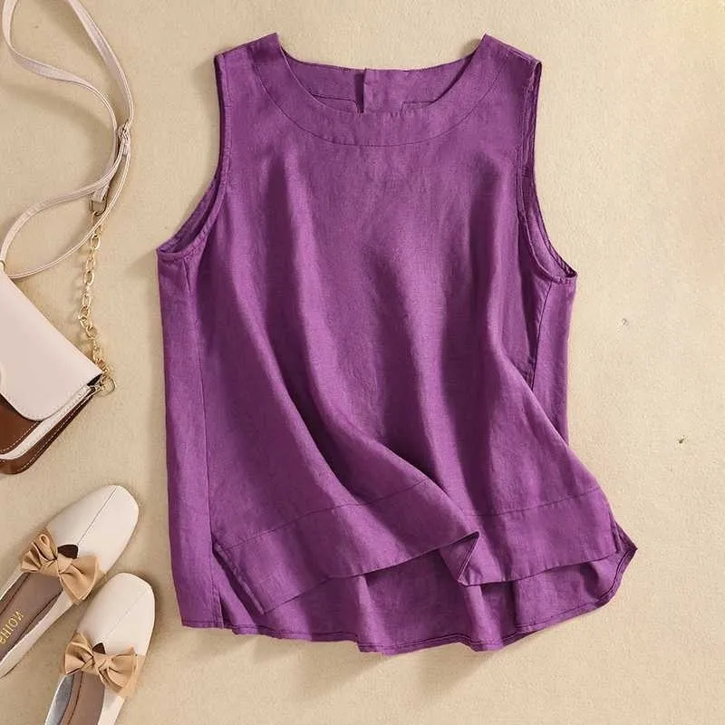 Retro Cotton Linen Vest Women's Loose Sleeveless Top - Purple
