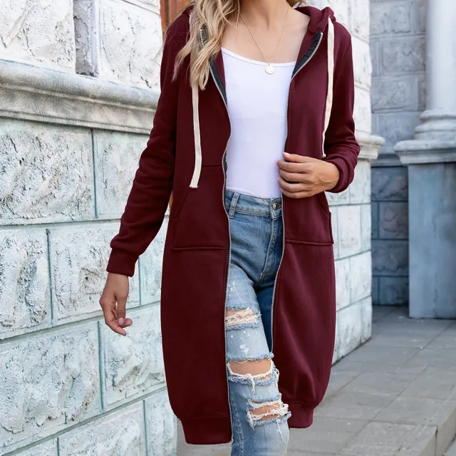 Autumn And Winter Women's Hoodie Plus Size Loose Hooded Mid length Coat Wine - Shop at LoveMi